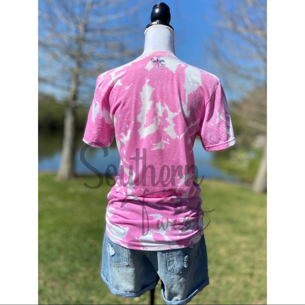 Polka Dot Easter Bunny Bleached Sublimation Boyfriend Basic Tee Shirt Pink - Picture 2 of 2
